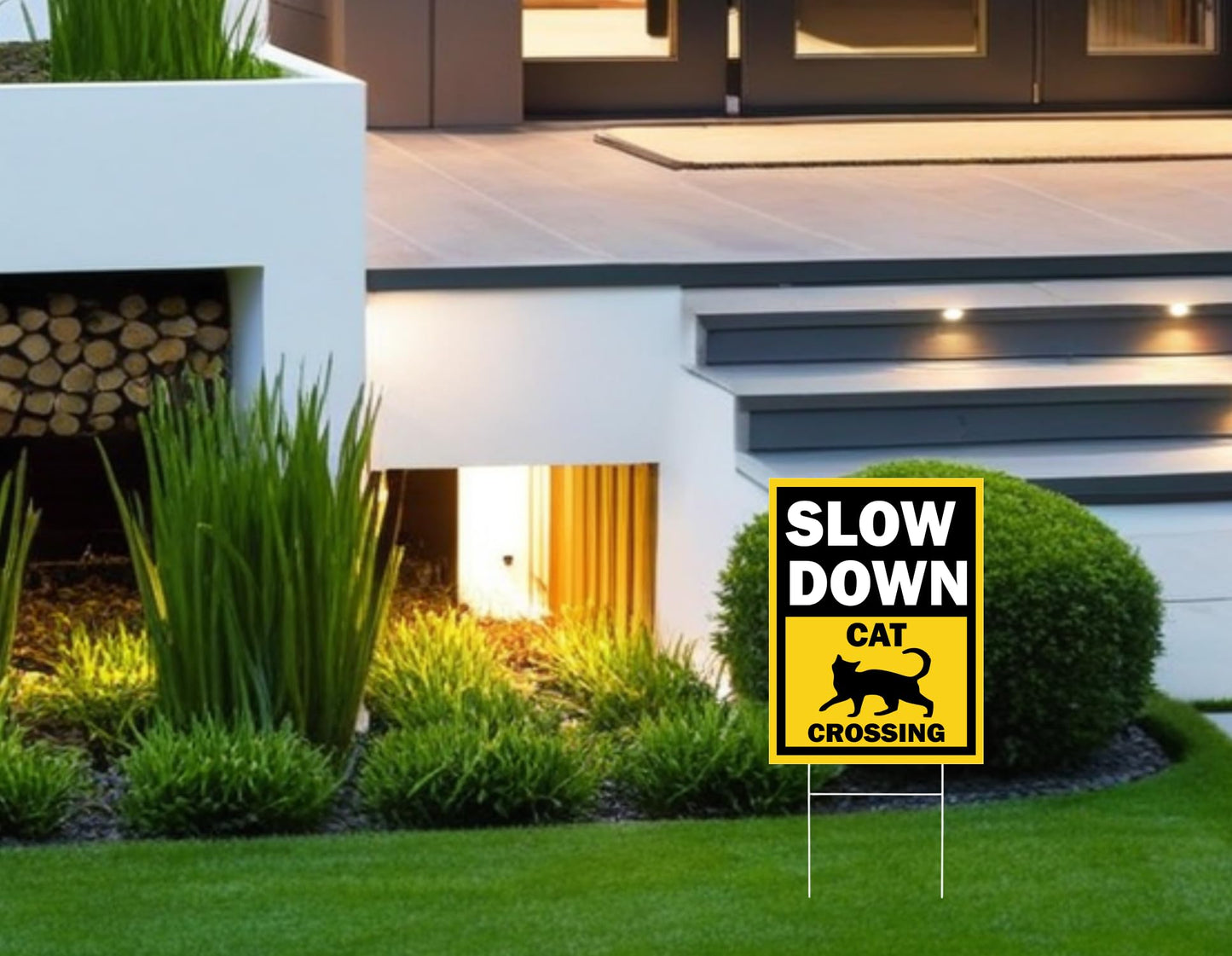 Set of 3 Double Sided 12x16 Inches Slow Down Cat Crossing Sign with Metal Wire H-Stakes - Slow Down Caution Sign For Neighborhoods Yard Farm - Plastic Decorations Animal Crossing Signs