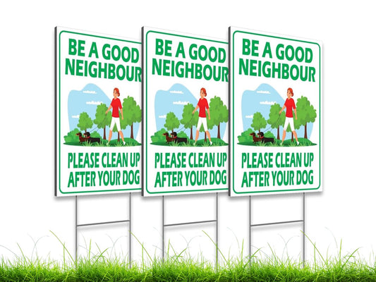 3 Pack 12х8 inch Sign Clean Up After Your Dog with Metal Wire H-Stakes - Be a Good Neighbor Sign - Clean Up After Your Dog Signs - Keep Off Grass Dog Poop Sign - Pick Up Your Dog Poop Signs