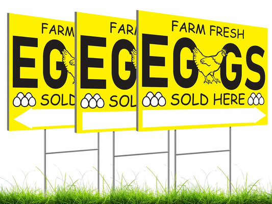 12x16 Inch Pack of 3 Double Sided Sign Coroplast Farm Fresh Eggs Sold Here Yard Sign - Farm Fresh Eggs Sign for Outdoor and Indoor - Fresh Chicken Eggs For Sale Sign - Funny Signs Chicken Coop Décor