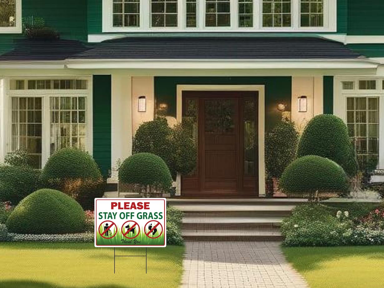 8x12 Inch Double Sided Please Stay Off Grass Sign pack of 3 - No Dog Poop Signs for Yard outdoor - Pick Up After Your Dog Sign - No Pets No Dogs Allowed or Keep Dogs off Lawn Signs with Grass Stakes