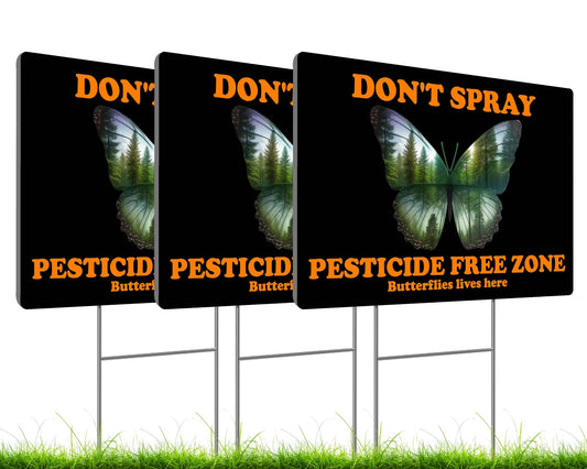 3 Pack 12x8 Inches Dont Spray Yard Sign with Metal Stake - Bilingual Double Sided Butterflies lives here Signs for Outdoor - Plastic Neighborhood Street Caution Yard Signs