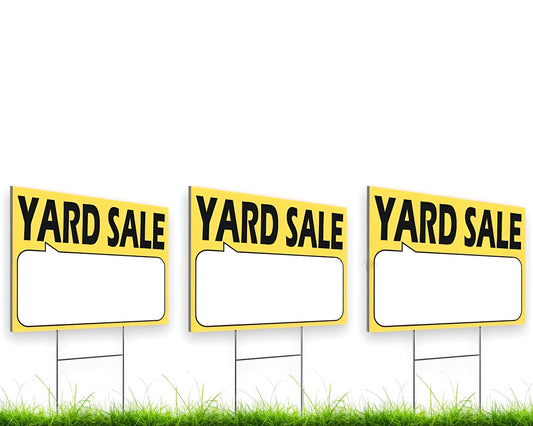 3 Yard Sale Signs with Stakes High Visibility Double Sided Printing 12x16 Inch - Corrugated Plastic - Lawn Outdoor Garage or Outdoor Property Sale Sign for Business or Personal Use