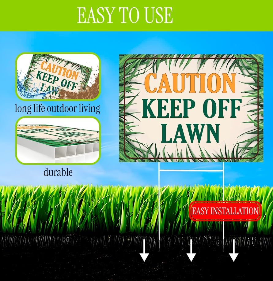 Set of 3 Double Sided 12x8 Inches Plastic Sign "Caution Keep of Lawn" Metal H-Stakes - Plastic Warning Yard Sign for Lawn Grass - Neighborhood Street Caution Yard Signs - Please Keep of Lawns