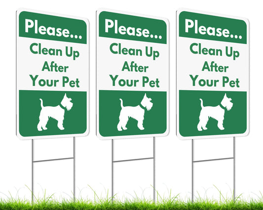 Set of 3 Double Sided 12x8 Inches Please Clean Up After Your Pet Be Courteous Thank You Yard Sign with Metal Stakes - No Dogs Allowed or Keep off Grass Sign - Please No Dog Signs No Pooping and Peeing