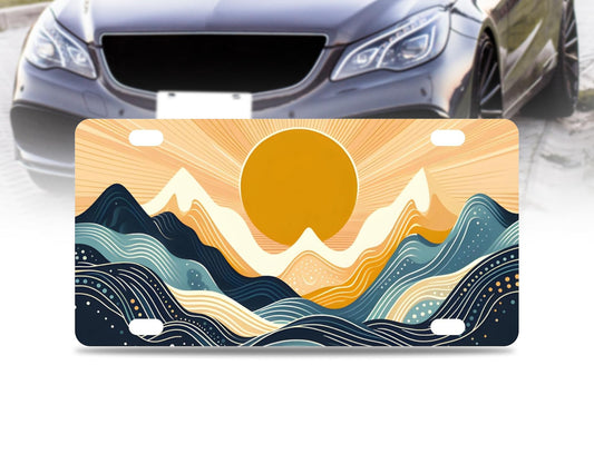 Decorative Retro Sunset/Sunrise Waves Front License Plate Frame - Accessories Decorative Sun Art License Plate Frame Front Tag - Car Sun and Waves Front Design with 4 Standard Slotted Mounting Holes