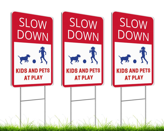 Set of 3 Double Sided Slow Down Kids and Pets At Play Signs with Metal Wire H-Stakes for Street - Children at Play Safety Signs with 12x8 Inches - Kids At Play Safety Signs