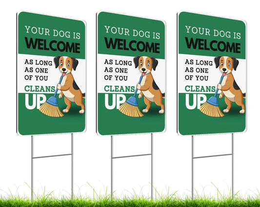 Set of 3 Double Sided Funny Clean Up After Your Dog Yard Sign with Metal Wire H-Stakes - 12x8 Inches Your Dog Welcome As Long As One of You Cleans Up Signs - Pick Up Your Dog Poop Signs for Outdoor