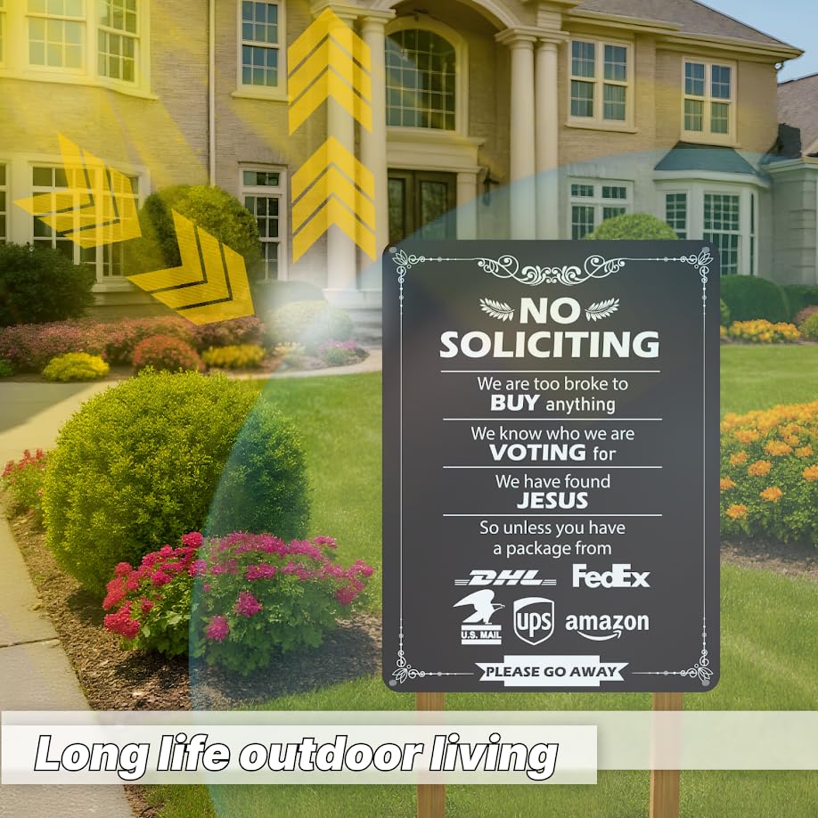 12x16 inch Metal Tin Signs with Quote "No Soliciting" - No Soliciting Sign for Home and Business - Property Protected by Surveillance with Yard - No Intrusion Private Property Metal Sign Decoration