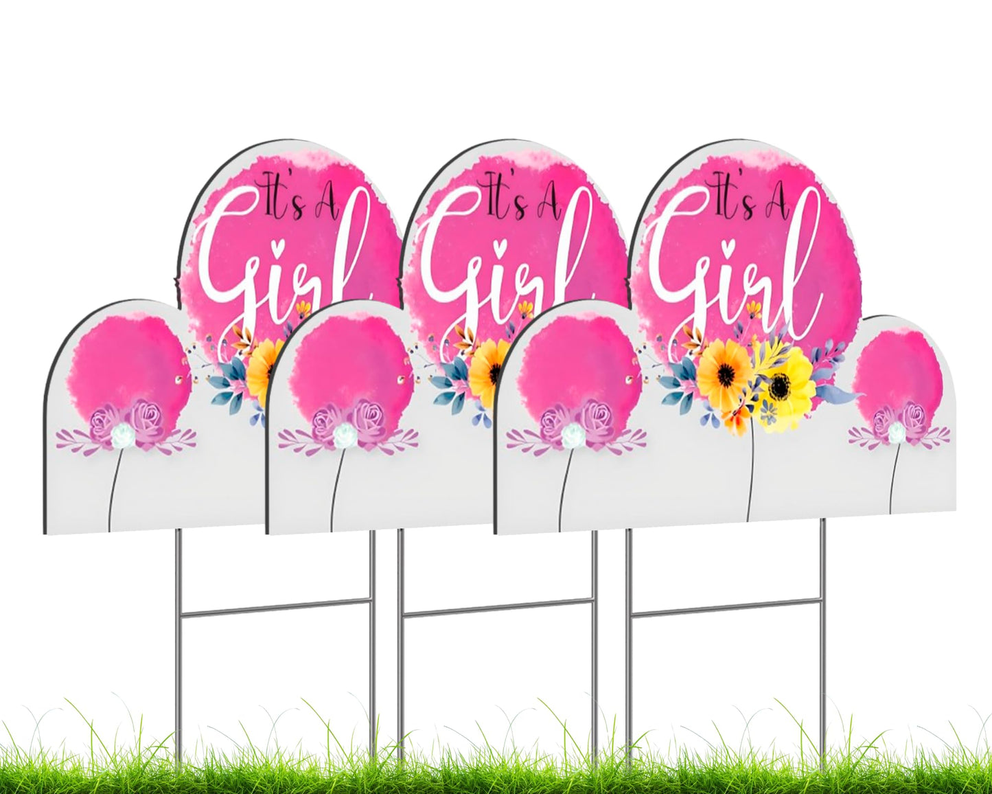 8x12 Inch pack of 3 Double Sided It's A Girl Yard Sign with Stakes - Floral Baby Shower Party Decorations - Welcome Home Baby Lawn Sign - Gender Reveal Party Decorations Supplies for Outdoor Garden