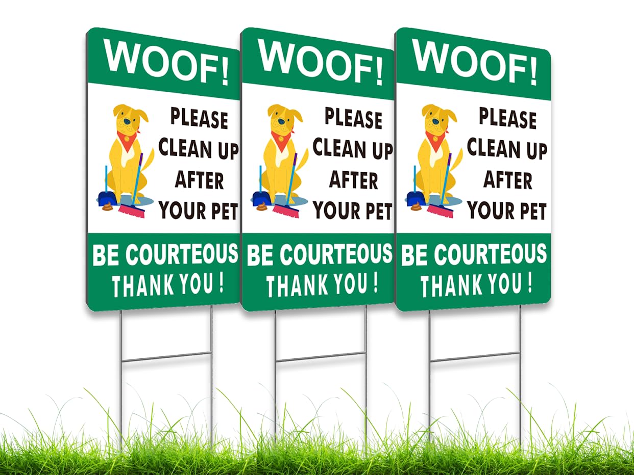 3X Double Sided 12x8 Please Clean Up After Your Pet Sign - Yard Lawn Fun Pet Signs - Collect Dog Poo and Don't Wet Also No Dog Poo for the Yard - Signs to Curb Your Dog with Metal H-Shaped Stakes