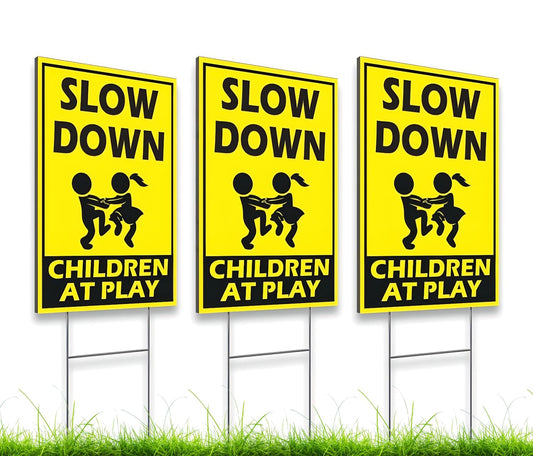 Set of 3 Street Safety Signs with Stakes 12x8 Inch - Attention Kids Playing Road Plastic Sign Double Sided - Caution and Slow Kids Playing Standing Plastic Sign - Kids in Play Safety Signs