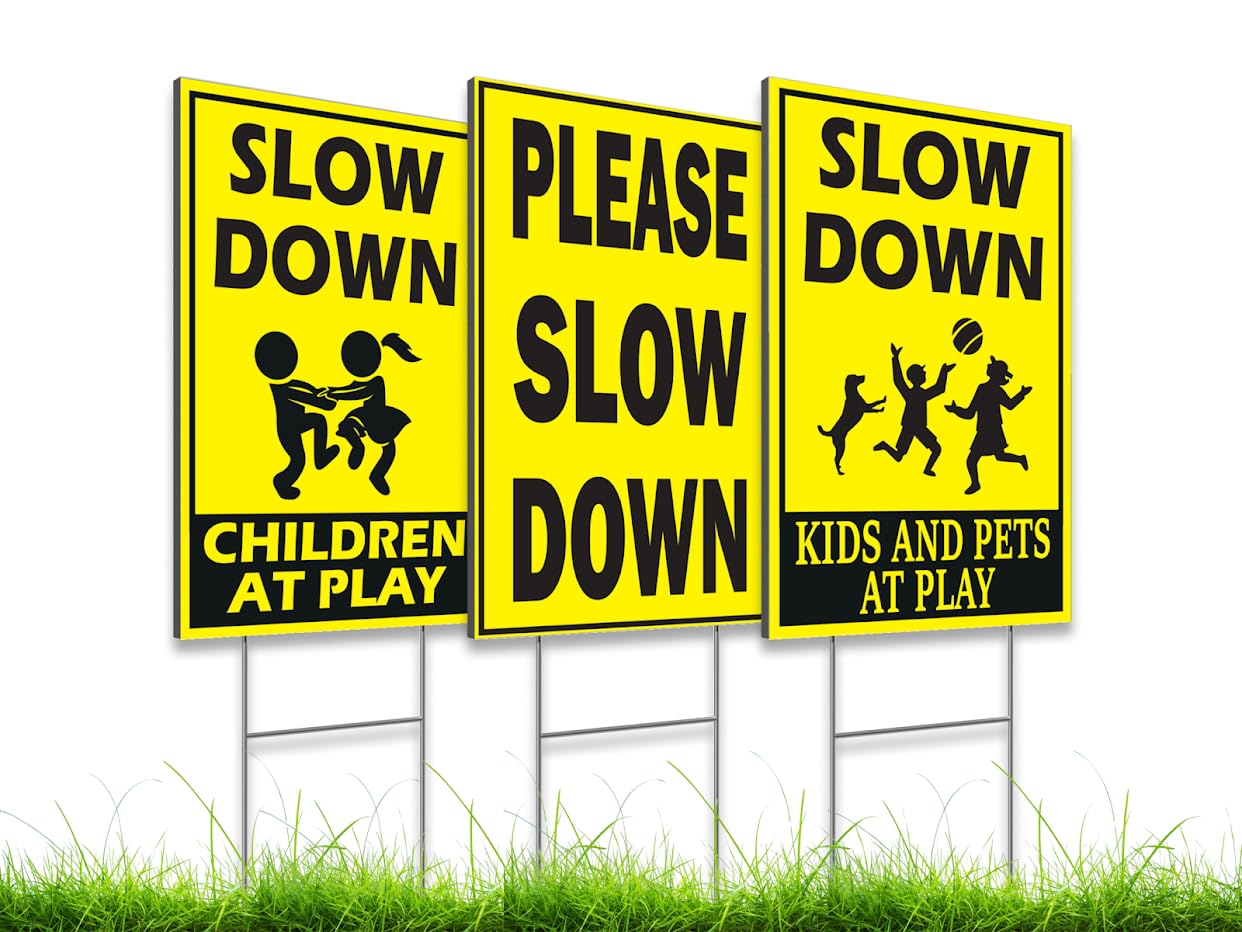 Set of 3 Double Sided Plastic Please Slow Down Sign for Playing Kids in the Street - Drive Like Your Kids Live Here Yard Sign - Slow Road Sign for Neighborhoods - Speed Limit Signs - Play Safety Sign