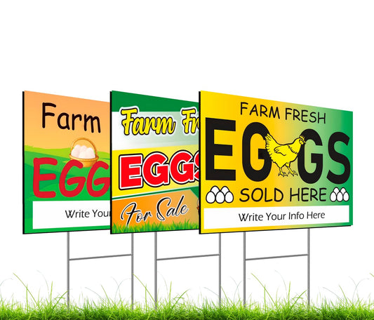 Set of 3 Double Sided Plastic Eggs for Sale Yard - Fresh Chicken Eggs For Sale Sign for Outside - Farm Fresh Eggs Sign Solf Here for Outdoor and Indoor - Funny Signs Chicken Coop Décor