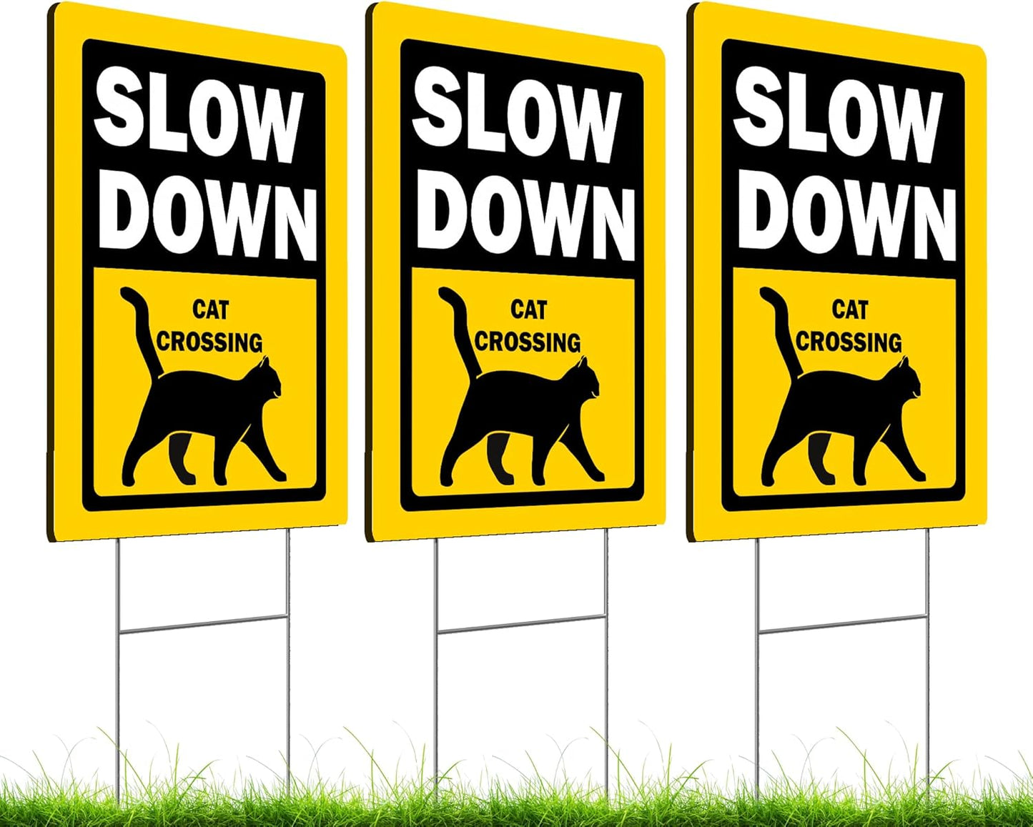 Set of 3 Double Sided 12x16 Inches Slow Down Cat Crossing Sign with Metal Wire H-Stakes - Pets At Play Safety signs for Street Sign - Plastic Street Slow Down Animals Crossing Sign