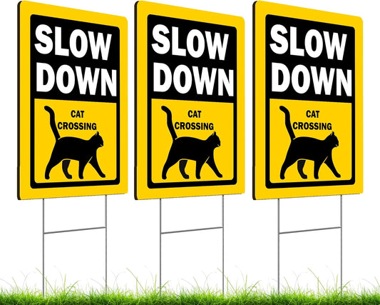 Set of 3 Double Sided 12x16 Inches Slow Down Cat Crossing Sign with Metal Wire H-Stakes - Pets At Play Safety signs for Street Sign - Plastic Street Slow Down Animals Crossing Sign