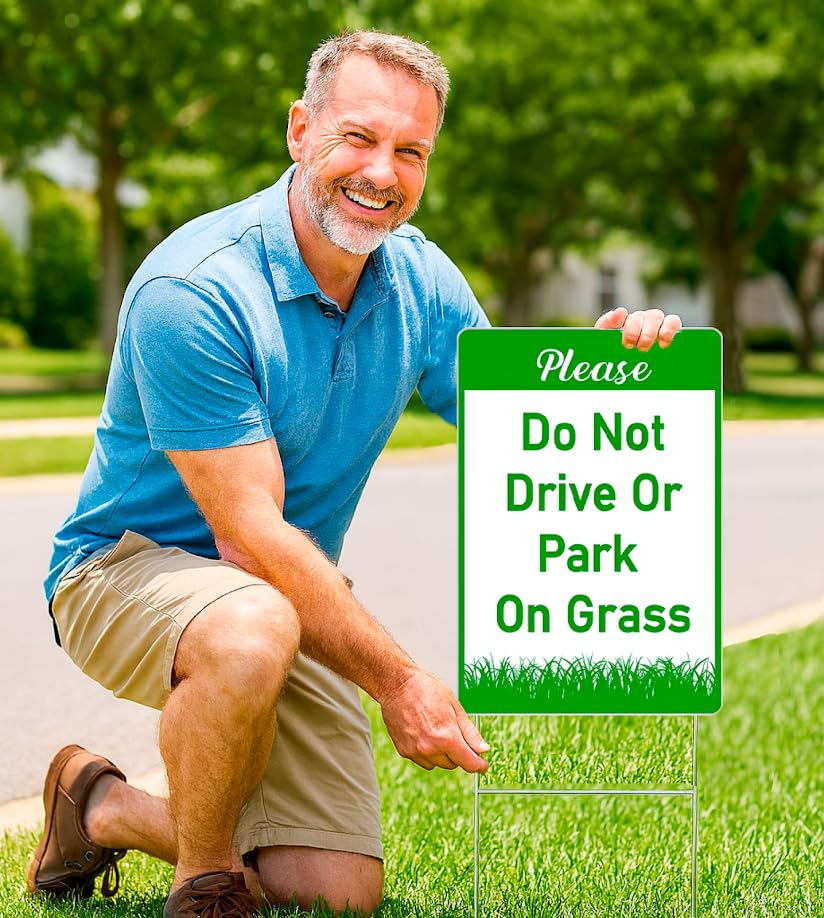Set of 3 Double Sided 12x8 Inches Plastic Please Do Not Drive Or Park On Grass Signs with Metal H-Stakes - Yard Lawn Stay Off Grass Signs - Green and White Please Keep Off The Grass Sign
