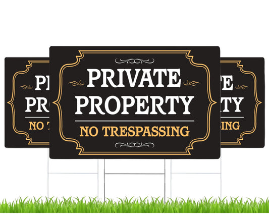Set of 3 Double Sided 12x8 Inches Private Property No Trespassing Signs with Metal H-Stakes - Road Private Property No Parking Sign - No Trespassing Sign for House Front Yard for Outdoor or Indoor
