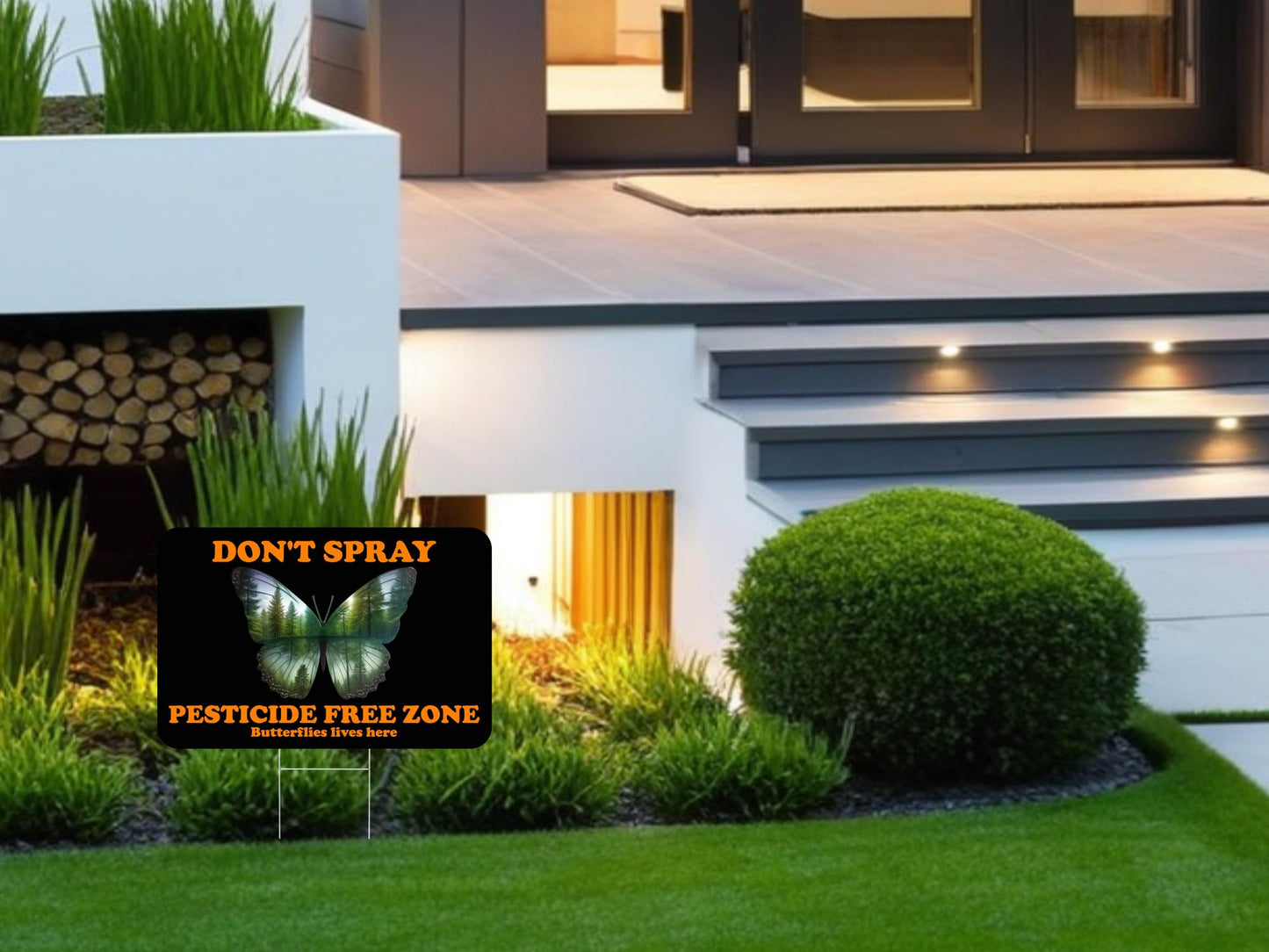 3 Pack 12x8 Inches Dont Spray Yard Sign with Metal Stake - Bilingual Double Sided Butterflies lives here Signs for Outdoor - Plastic Neighborhood Street Caution Yard Signs