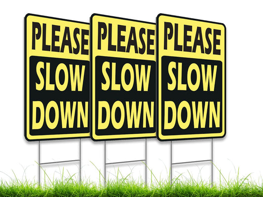 Set of 3 Double Sided 12x8 Inches Please Slow Down Signs with Stakes - Road, Traffic Safety Signs for Neighborhoods - Children and Kids at Play signs - Street Slow Children at Play Sign