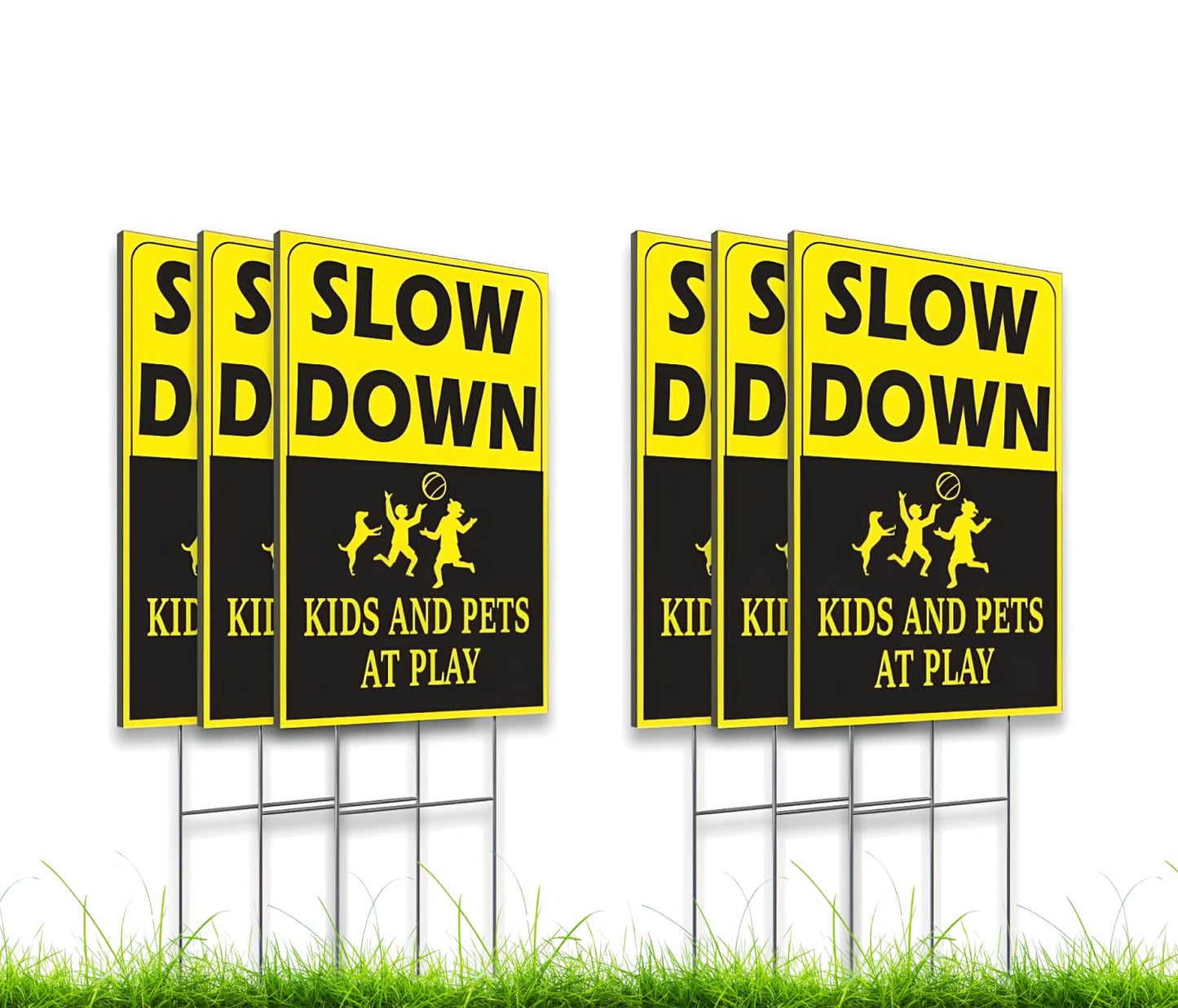 6 Pack 8x12 inch Double Sided Please Slow Down Kids and Pets at Play Yard Signs with Metal Wire H-Stakes - Drive Like Your Kids Live Here Sign - Children At Play Safety signs for Street Sign