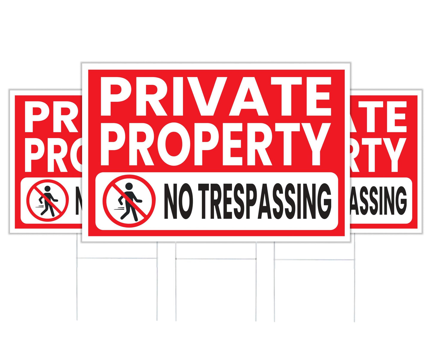 Set of 3 Private Property Signs 12x8 Inch Double Sided Printed - Plastic No Intrusion Sign with Metal Stakes for Lawn - Safety and Property Warning and Protective Signs for Outdoor Home