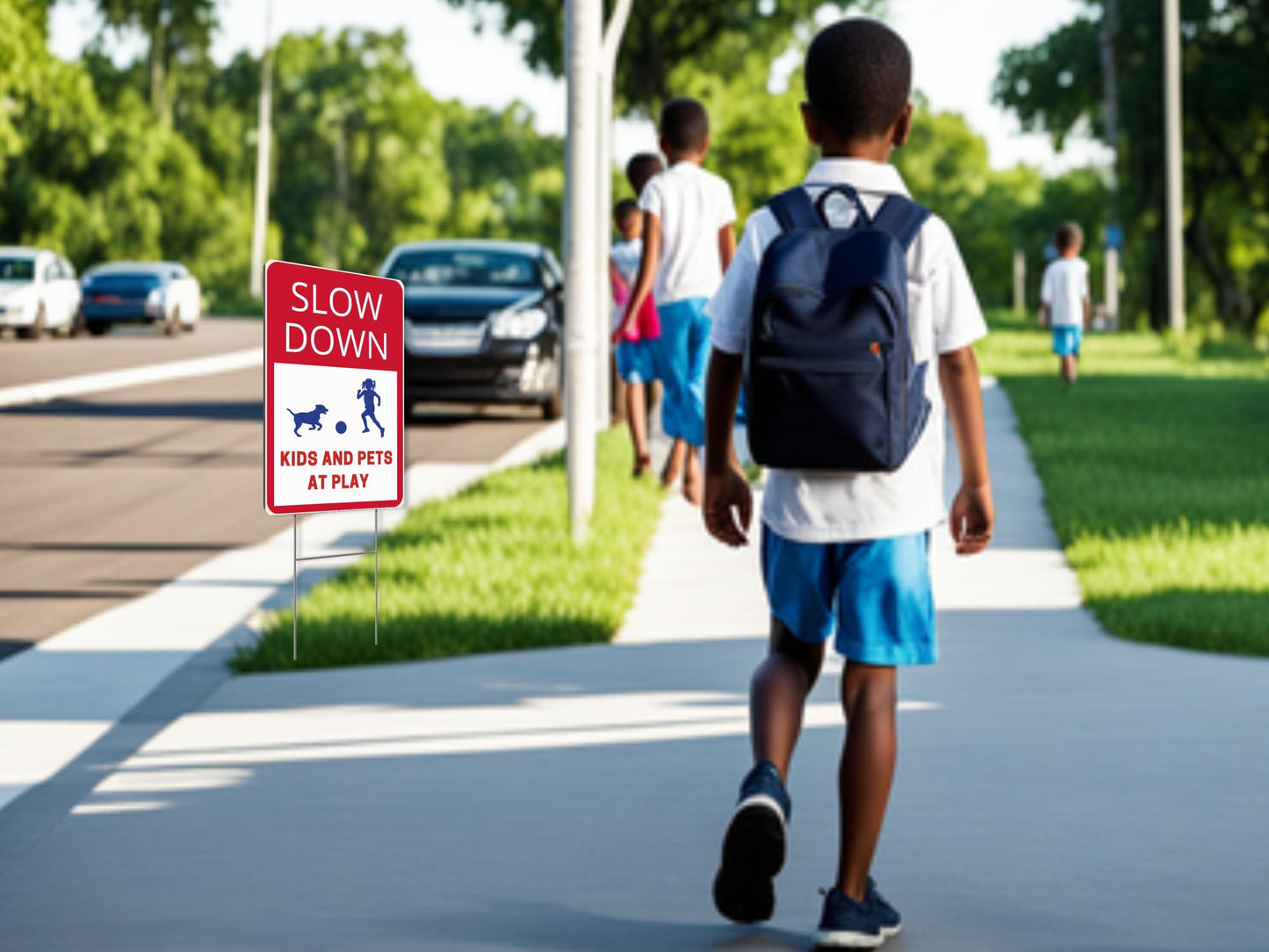 Set of 3 Double Sided Slow Down Kids and Pets At Play Signs with Metal Wire H-Stakes for Street - Children at Play Safety Signs with 12x8 Inches - Kids At Play Safety Signs