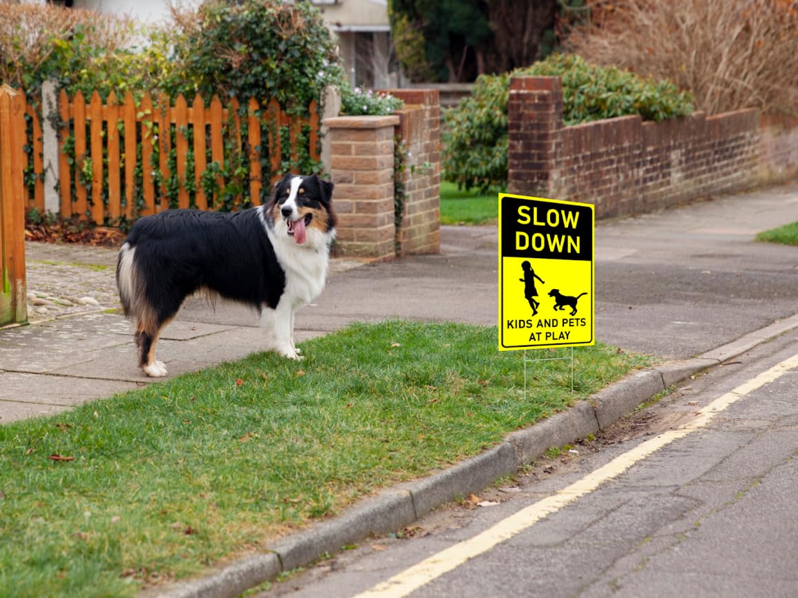 Set of 3 Double Sided 12x16 inches Slow Down Kids and Pets at Play Sign with Metal Wire H-Stakes - Street Slow Children at Play Sign - Animals Crossing Sign - Children at Play Safety Signs for Street