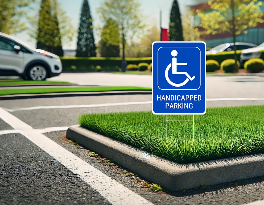 Set of 3 Double Sided 12x16 Inches Handicapped Parking with Metal Wire H-Stakes - Plastic Reserved Parking Signs for Handicapped Only - Yard Signs with Parking Space for Indoor or Outdoor