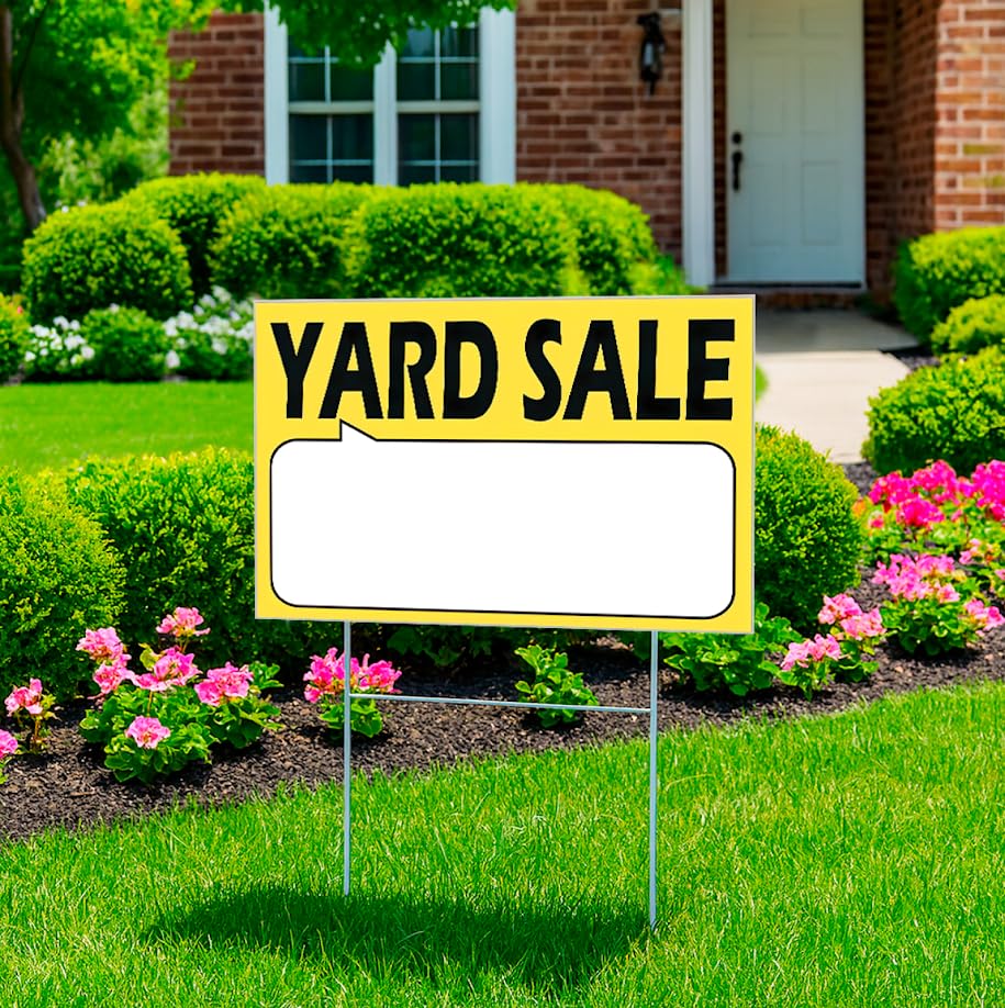 Set of 3 Double Sided 12x16 Inches Plastic Yard Sale Signs with Metal H-Stakes - Agent Realtor Supplies - Visibility Yard Sales Sign with Space To Fill - Plastic Signs for Outdoor Estate Sales