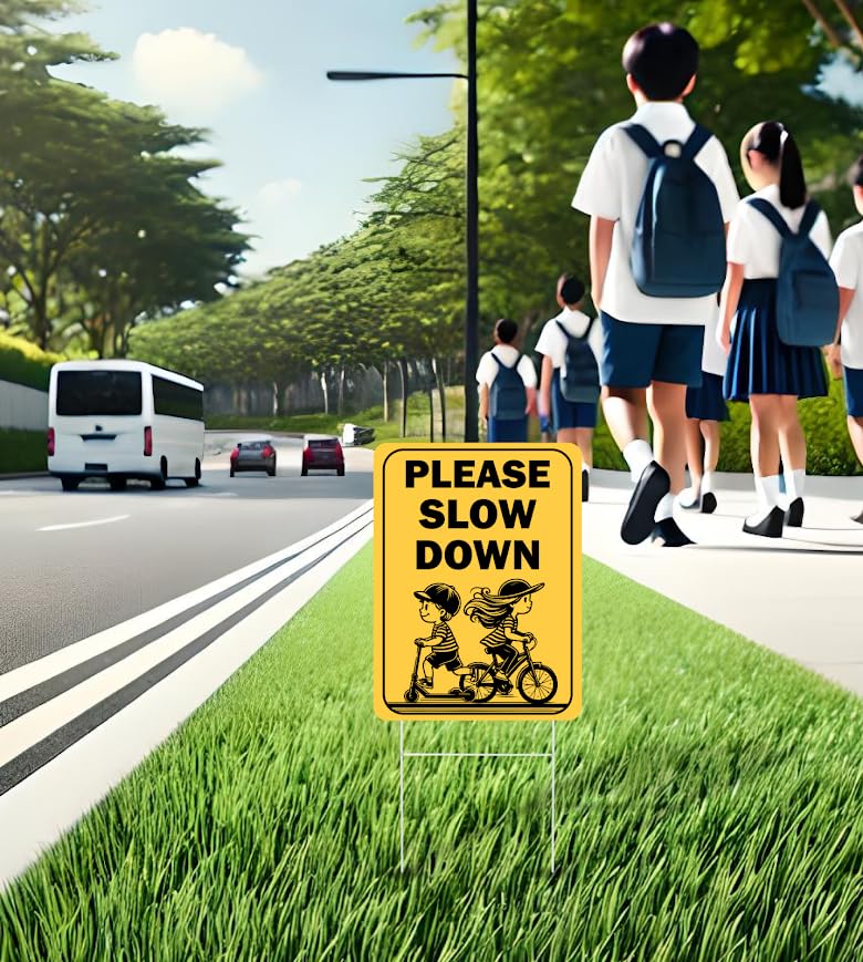 Set of 3 Double Sided 12x16 Inches "Please Slow Down" Sign with Metal H-Stakes - Сhildren at Play Safety Signage for Street - School Zone Speed Limit - Drive Like Your Child Live Here Yard