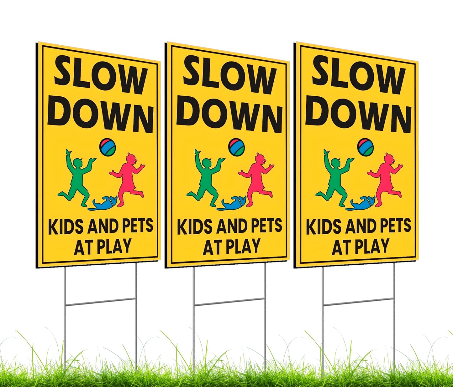 Plastic Drive Slow Kids Play Sign Set 12x8 Inch Double Sided - Street Safety Signs with Stakes - Attention Kids Playing Road Sign - Caution and Slow Kids standing sign - Kids in Play Safety Signs