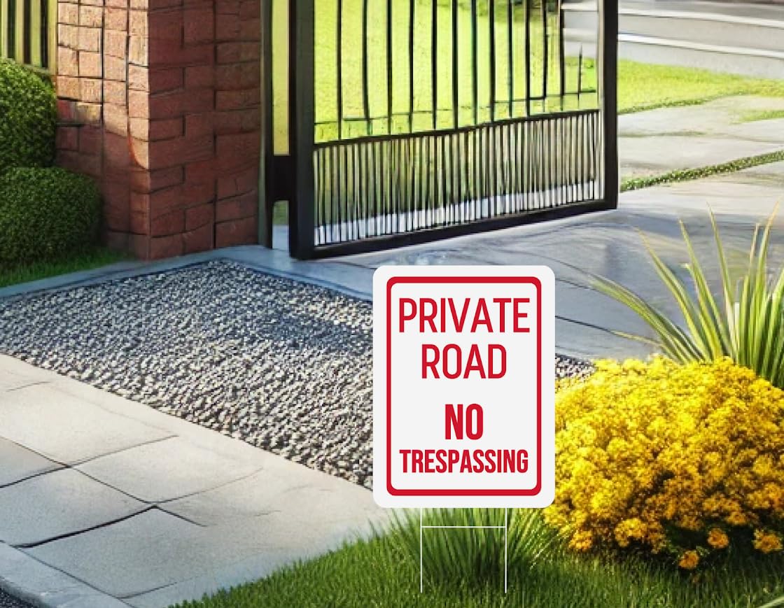 Set of 3 Double Sided 12x16 Inches Private Road No Trespassing Signs with Metal H-Stakes - Plastic Private Drive Sign for Outdoor - Red on White Road Private Property Sign - Do Not Enter Sign