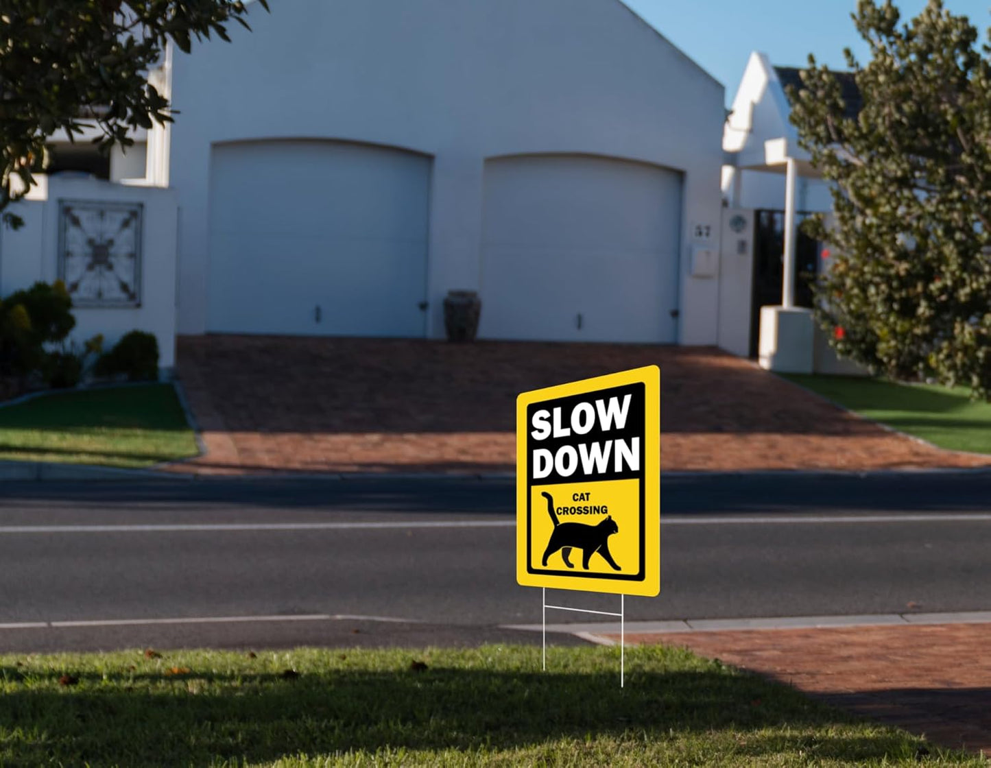 Set of 3 Double Sided 12x16 Inches Slow Down Cat Crossing Sign with Metal Wire H-Stakes - Pets At Play Safety signs for Street Sign - Plastic Street Slow Down Animals Crossing Sign