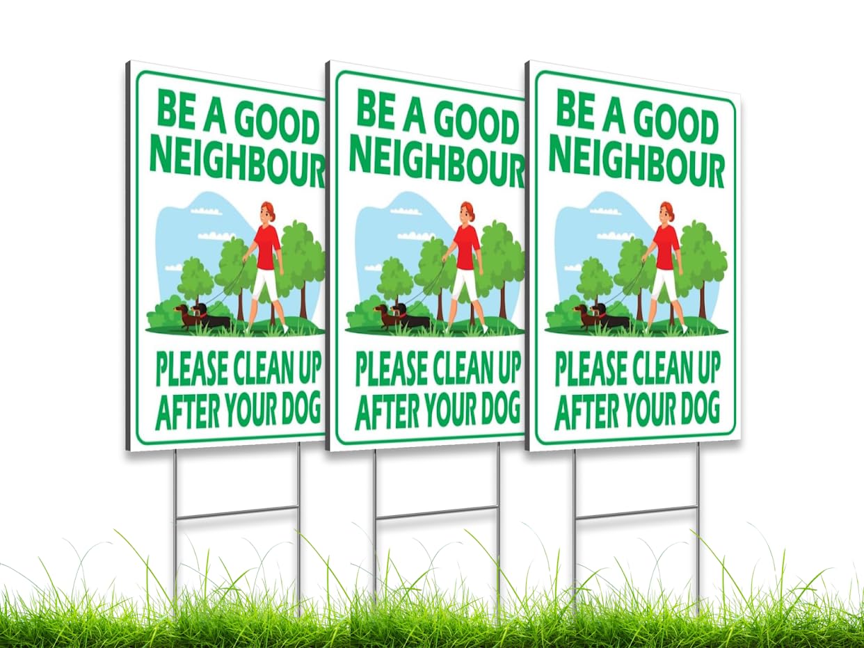 3 Pack 12х8 inch Sign Clean Up After Your Dog with Metal Wire H-Stakes - Be a Good Neighbor Sign - Clean Up After Your Dog Signs - Keep Off Grass Dog Poop Sign - Pick Up Your Dog Poop Signs