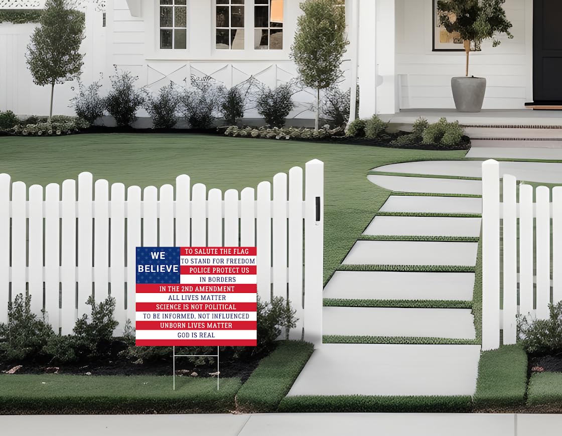 Set of 3 Double Sided 12x18 Inches Conservative We Believe Sign with Metal Wire H-Stakes - 2nd Amendment Signs - Police Protect Us God Is Real - All Lives Matter Yard Sign - Plastic Protest Signs