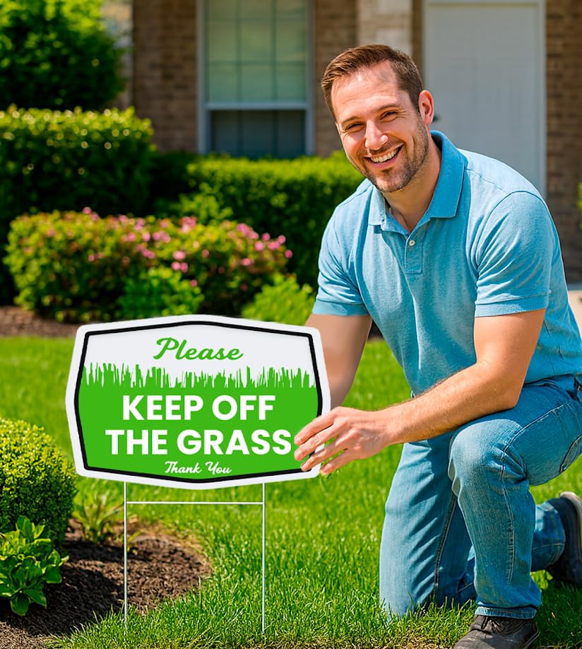 Set of 3 Double Sided 12x8 Inches Plastic Please Keep Off The Grass Thank You Signs with Metal H-Stakes - Curb Your Dog no Pooping and Peeing Lawn Signs - No Dog Poop Signs for Yard Decoration