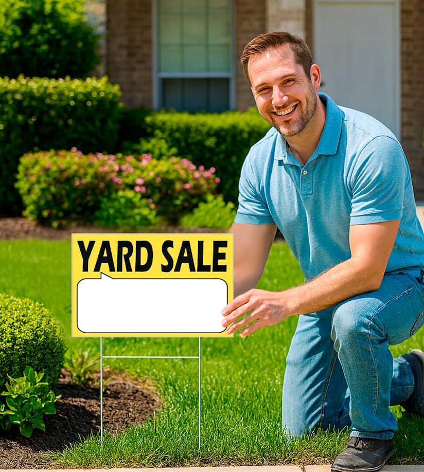 Set of 3 Double Sided 12x16 Inches Plastic Yard Sale Signs with Metal H-Stakes - Agent Realtor Supplies - Visibility Yard Sales Sign with Space To Fill - Plastic Signs for Outdoor Estate Sales