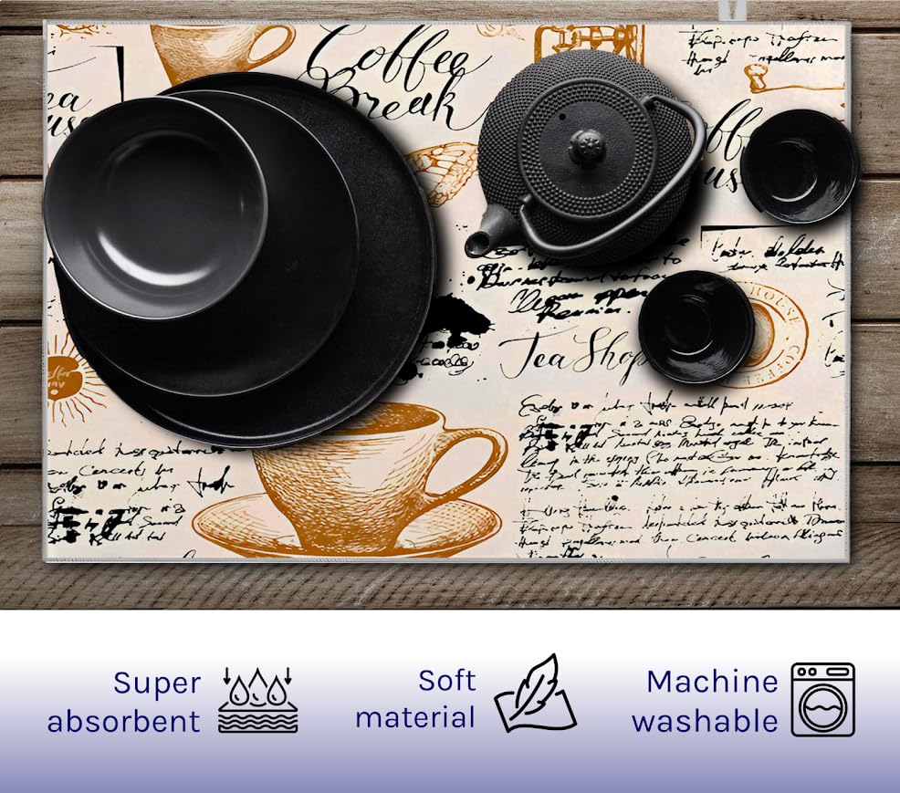 16x18 Inch Dish Drying Microfiber Mats with Coffee House for Kitchen Counter - Slip Resistant Kitchens Accessories - Kitchen Gadgets for Easy Clean Multi Use - Heat Resistant and Reversible Drying Mat