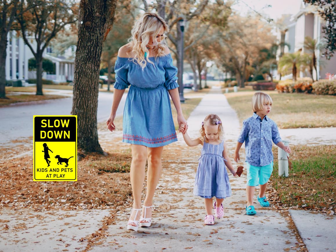 Set of 3 Double Sided 12x16 inches Slow Down Kids and Pets at Play Sign with Metal Wire H-Stakes - Street Slow Children at Play Sign - Animals Crossing Sign - Children at Play Safety Signs for Street