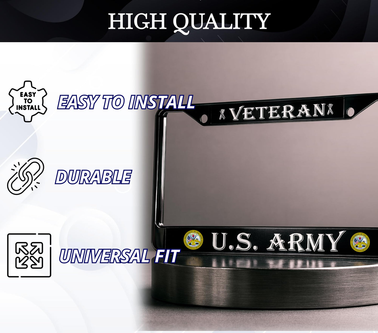 Car License Plate Frame - License Plate Frame US Army Veteran - Standart Cars USA Stainless Steel Frame for Front and Rear - Metal Plate Frame with 2 Holes and Screws 6x12.25 inches