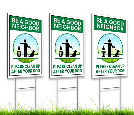 12x8 3X Neighbor Clean Up After Your Dogs Plastic Signs - No Dog Poop Double Sided Sign for Yard - No Dogs Allowed or Keep off Grass Sign - Curb Your Dog no Pooping and Peeing Lawn Signs with Stakes