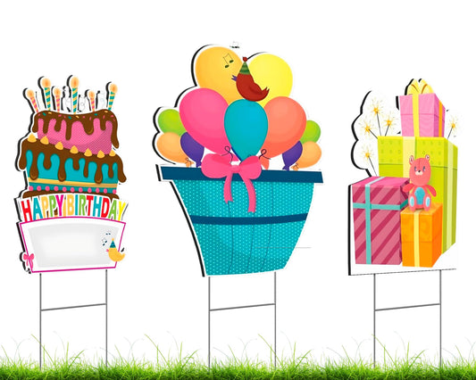 3X Birthday Cake Yard Signs with Stakes - 12x8 Outdoor Birthday Lawn Plastic Sign Decorations - Happy Birthday Decoration Party Supplies - Single-Sided Personalized Birthday Yard Signs for Party Décor