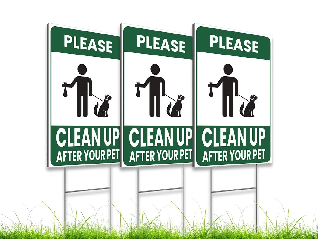 Set of 3 Double Sided Please Clean Up After Your Pet - 12x8 Inch Signs with H-shaped Front Yard Stakes - Pet Signs on the Yard Lawn - Collect Dog Poop and Don't Wet the Lawn - Signs To Curb Your Dog