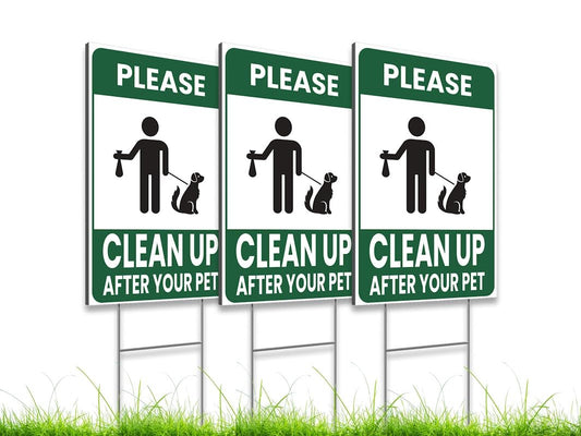 Set of 3 Double Sided Please Clean Up After Your Pet - 12x8 Inch Signs with H-shaped Front Yard Stakes - Pet Signs on the Yard Lawn - Collect Dog Poop and Don't Wet the Lawn - Signs To Curb Your Dog