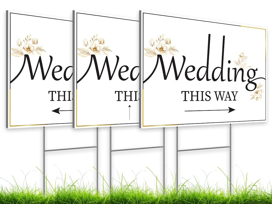 12x16 inch pack of 3 Wedding Direction Arrow Signs - Wedding Directional Arrow Lawn/Yard Signs Decorations - Wedding This Way Plastic Signs with H Stakes - Double-Sided Printed Arrows Wedding Signs