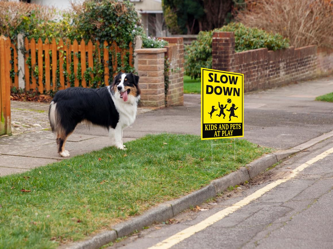 Set of 3 Double Sided 12x16 Inches Plastic Signs Please Slow Down Kids and Pets At Play or Children At Play with Metal Wire H-Stakes - Plastic Playing Kids in the Street Sign - Speed Limit Yard Signs