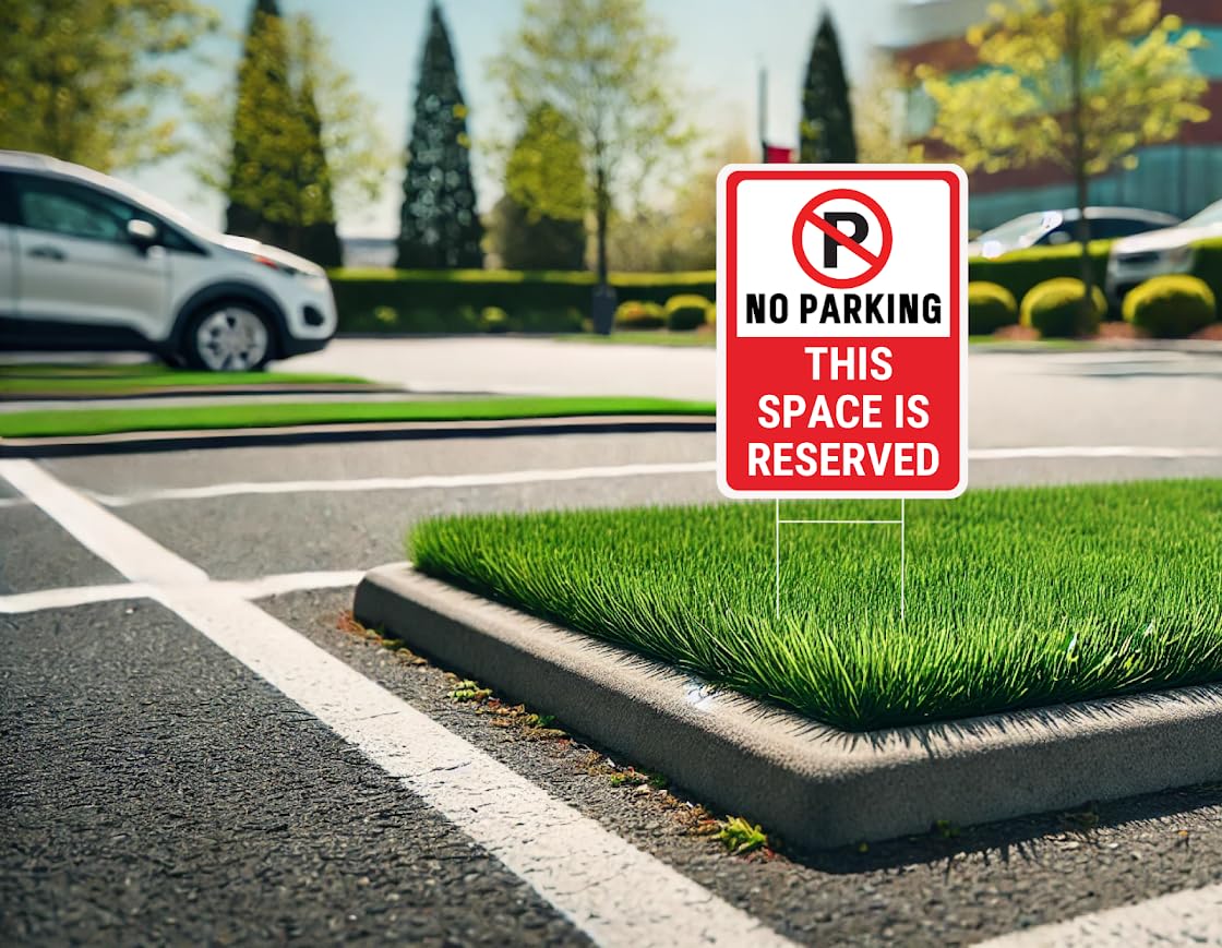 Set of 3 Double Sided 12x16 Inches No Parking This Space Is Reserved Sign with Metal Wire H-Stakes - Private Parking or Plastic Reserved Parking Outdoor Sign Use - Parking Space for Yard Signs