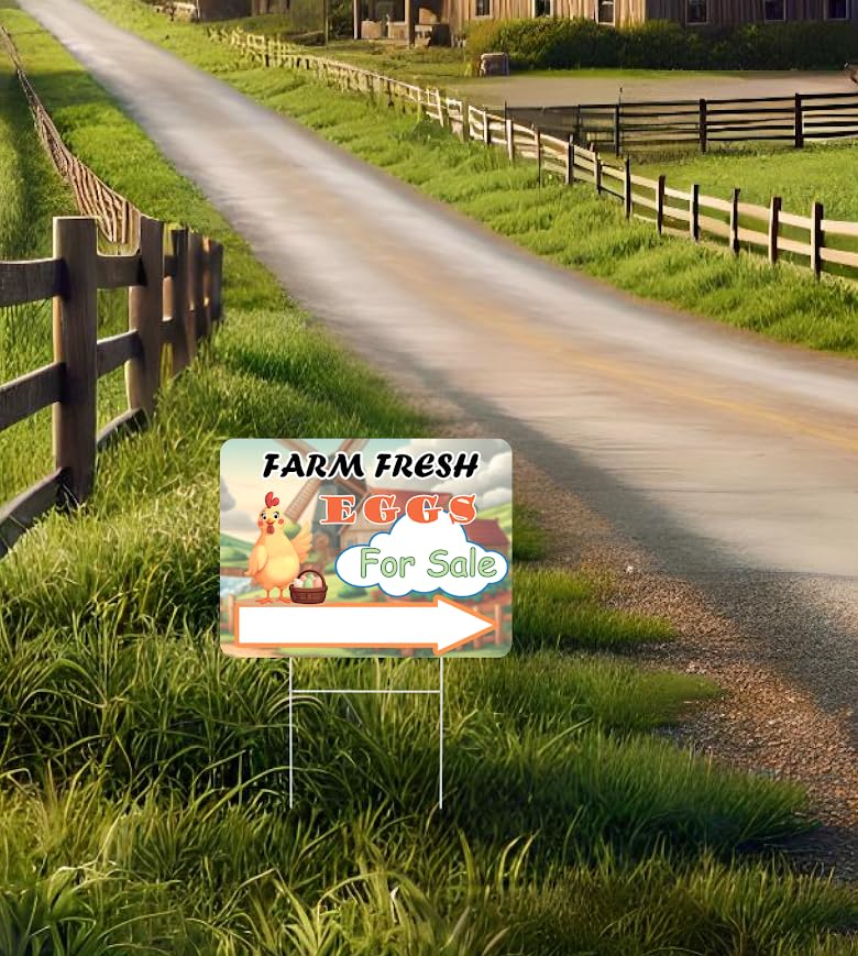 Set of 3 Double Sided 12x16 Inches "Farm Fresh For Sale Eggs" Sign with Metal H-Stakes - Signage Selling for Your Products - Natural Products Private Business Owners - Pointers For Home or Front Yard