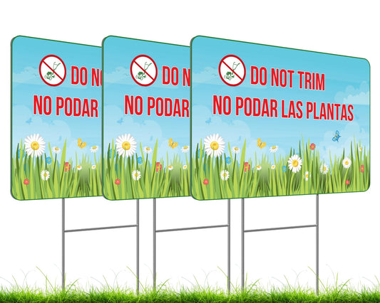 Set of 3 Double Sided 12x8 Inches Do not Trim Yard Signs with Metal Stakes - No Podar Las Plantas sign for Outdoor or Indoor - Double Sided Bilingual Plant Sign or Plastic Garden Sign