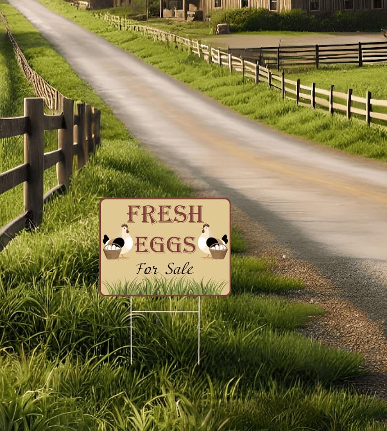 Set of 3 Double Sided 12x16 Inches Fresh Eggs For Sale Sign with Metal H-Stakes - Plastic Sign Fresh or Egg Sign for Outdoor and Indoor - Fresh Chicken Eggs For Sale Yard Sign